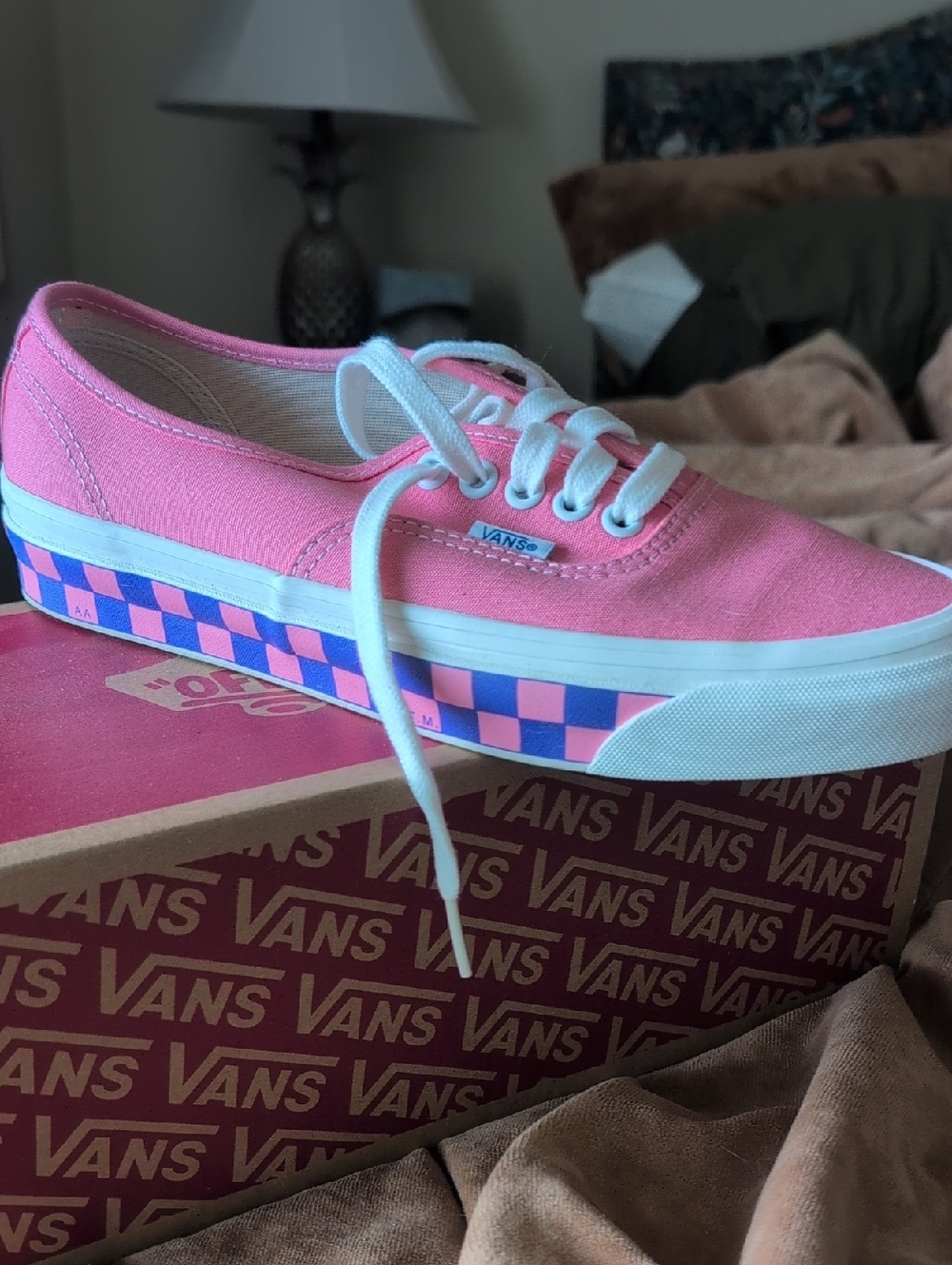Vans Pink Canvas Low-Top Sneakers with Blue & Pink Checkerboard Sidewall